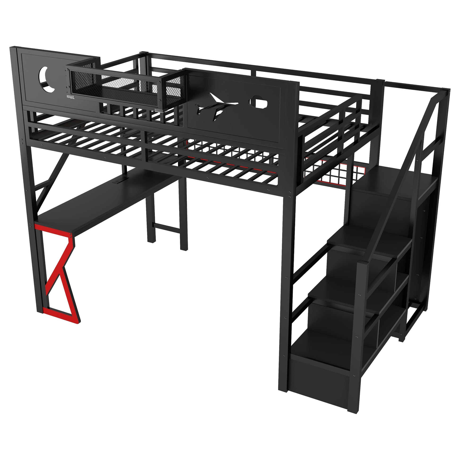 Full Size Loft Bed with Stairs, Metal Full Loft Bed with High Guardrails and Beside Storage Shelf, High Loft Bed with Wardrobe for Kids Teens, black(Expect Arrival Date2026/5/18) image 10