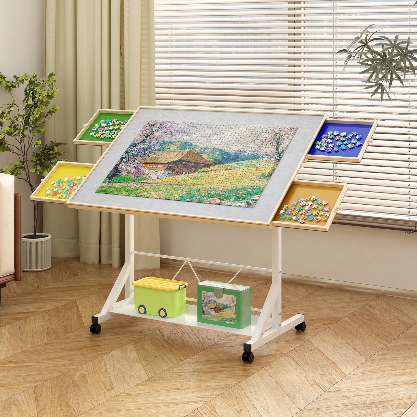 (WHITE) Wooden 1500 Piece Puzzle Table with Drawer, 35"*27.17" Adjustable Puzzle Table, 360° Tilting Puzzle Table with Legs and Wheels, Adjustable Height and Angle, with Protective Cover image 1