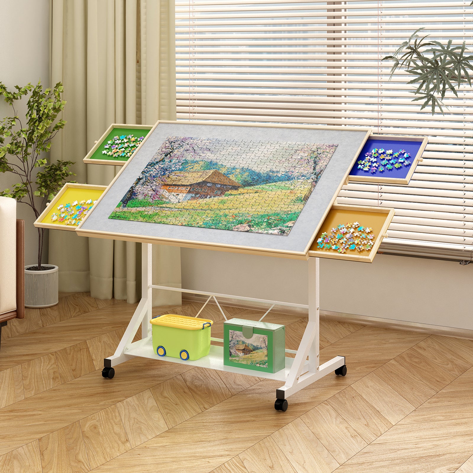 (WHITE) Wooden 1500 Piece Puzzle Table with Drawer, 35"*27.17" Adjustable Puzzle Table, 360° Tilting Puzzle Table with Legs and Wheels, Adjustable Height and Angle, with Protective Cover image 1
