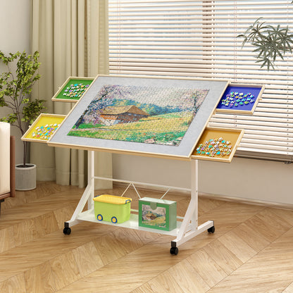 (WHITE) Wooden 1500 Piece Puzzle Table with Drawer, 35"*27.17" Adjustable Puzzle Table, 360° Tilting Puzzle Table with Legs and Wheels, Adjustable Height and Angle, with Protective Cover image 1