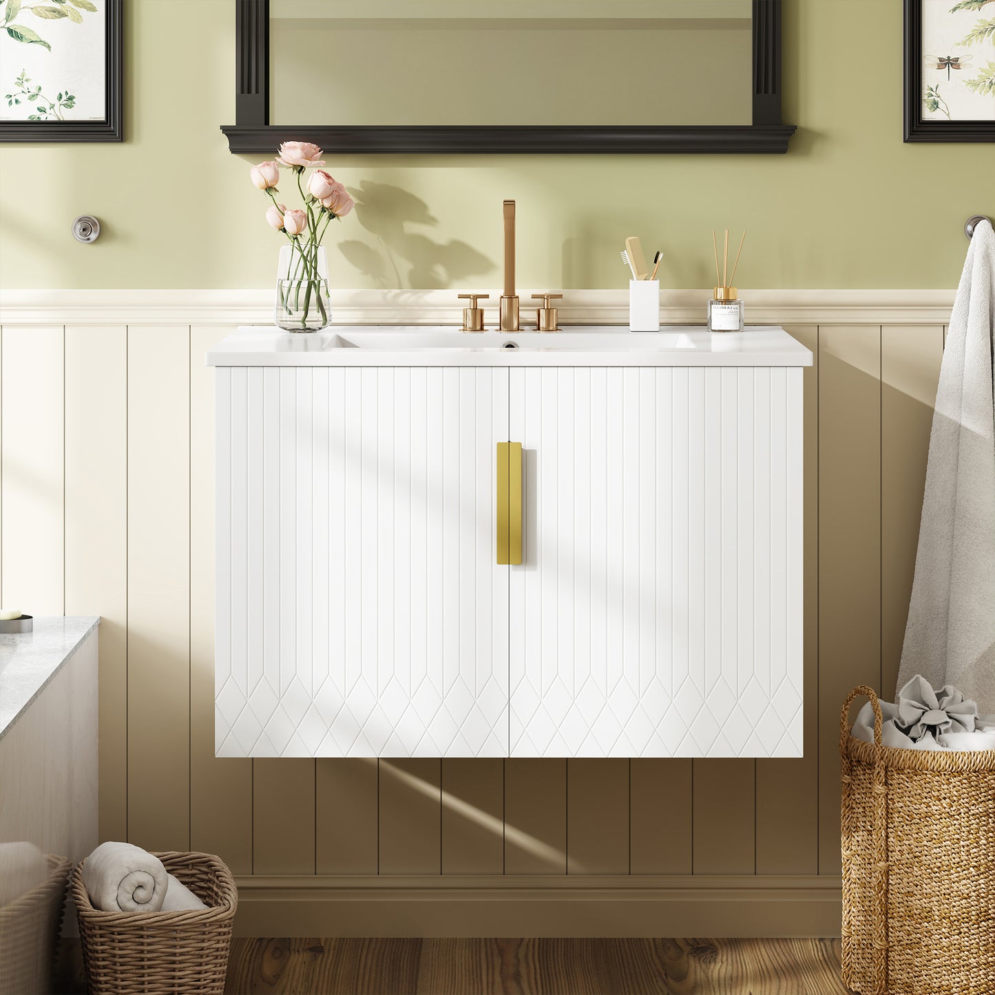 30" Vintage Bathroom Vanity with Ceramic Sink, with 3 Holes Single Ceramic Sink, Bathroom Storage Vanity Cabinet with 2 Soft Closing Doors image 3