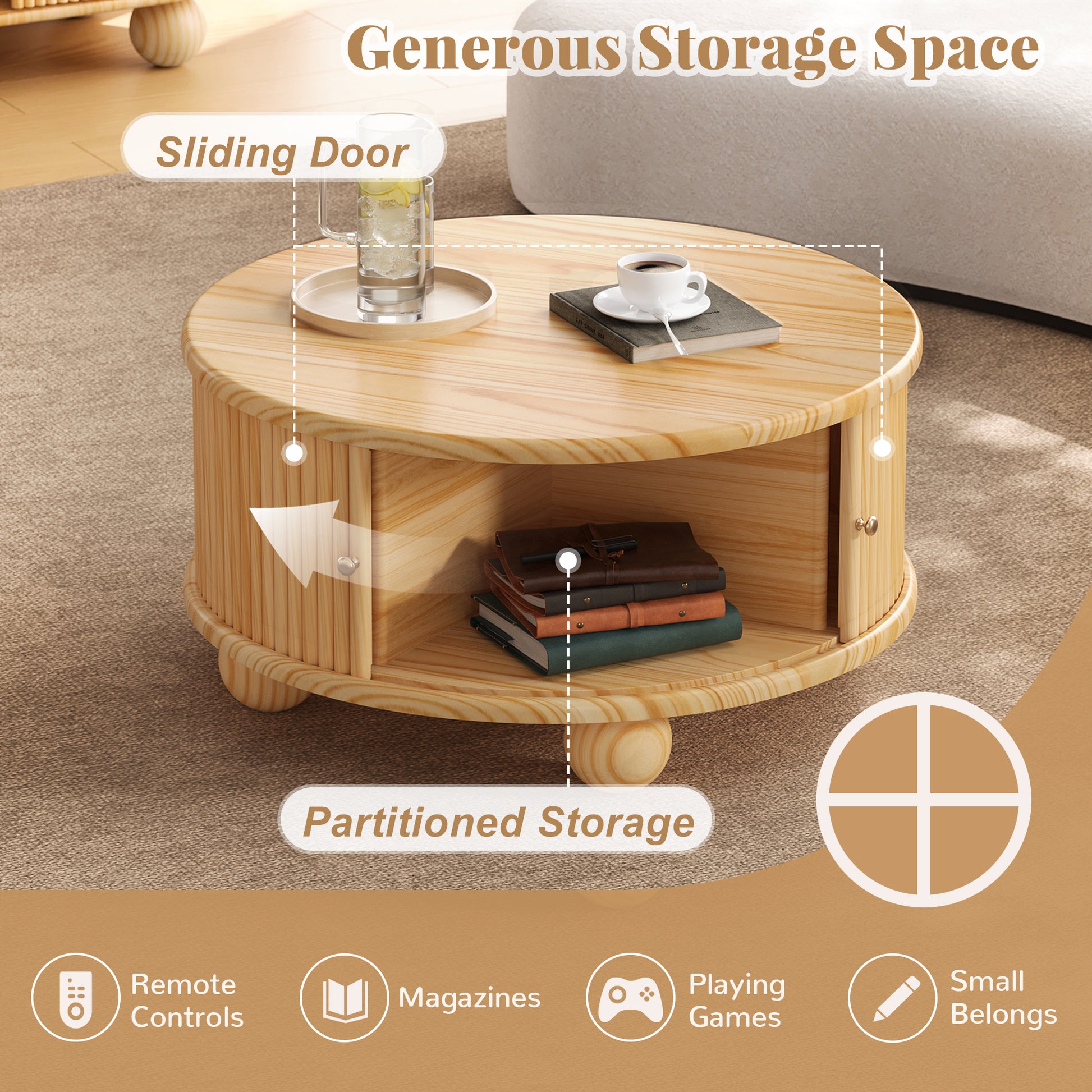 Round Fluted Coffee Table with Storage, Pine Solid Wood, Sliding Door, Natural, 31.8" image 5