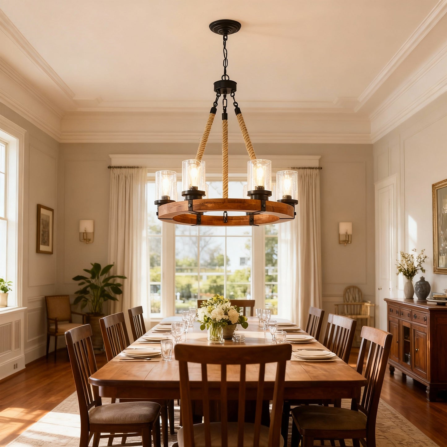 23.62 INCH Round Wood Pendant Light with Seeded Glass Shade, Rustic 6-Light Wagon Wheel Chandelier,Farmhouse Chandeliers for Dining Room Kitchen Island Foyer Entryway (8 Light)--NO INCLUDED BULBS image 9