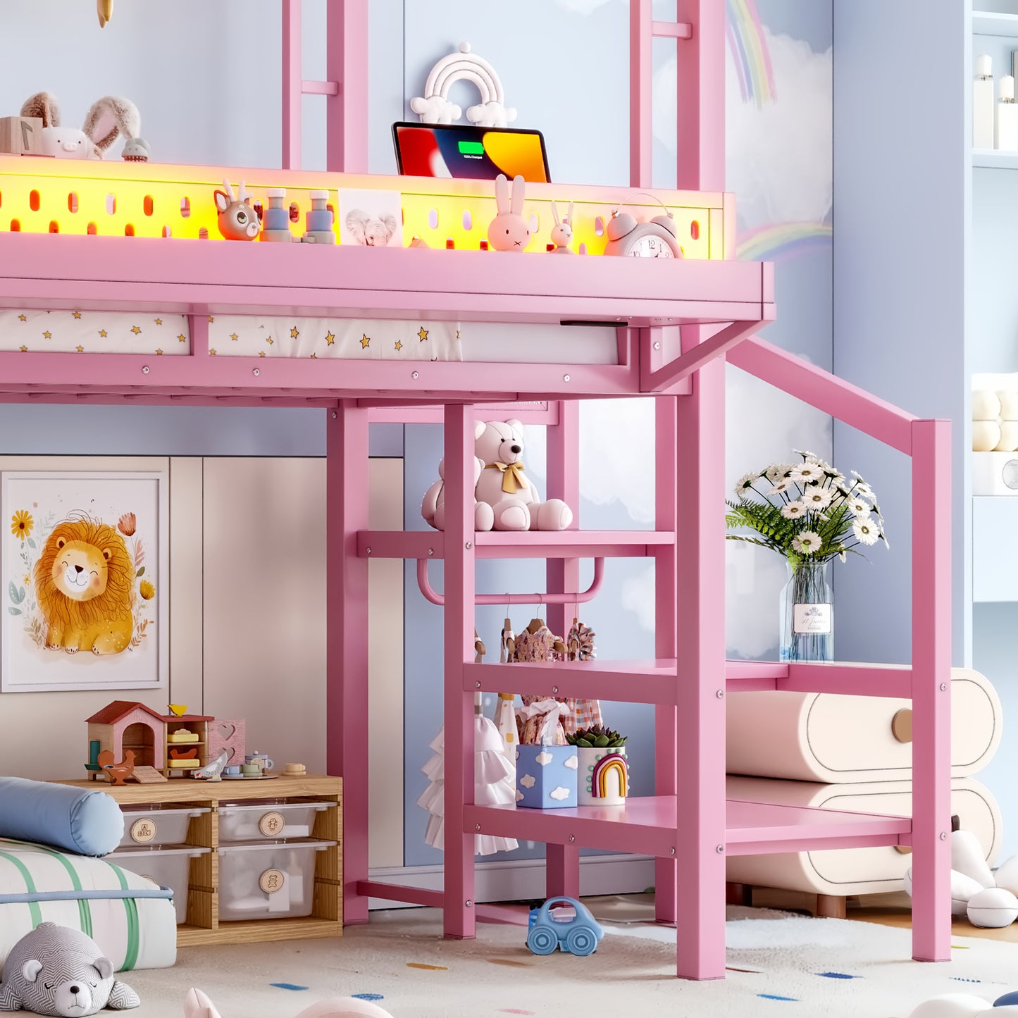 Twin Size Loft Bed with Storage Stairs, Shelves and Built-in Wardrobe, Metal Loft Bed Frame with USB Ports and LED Lights, Noise-reduced Design, Pink image 9
