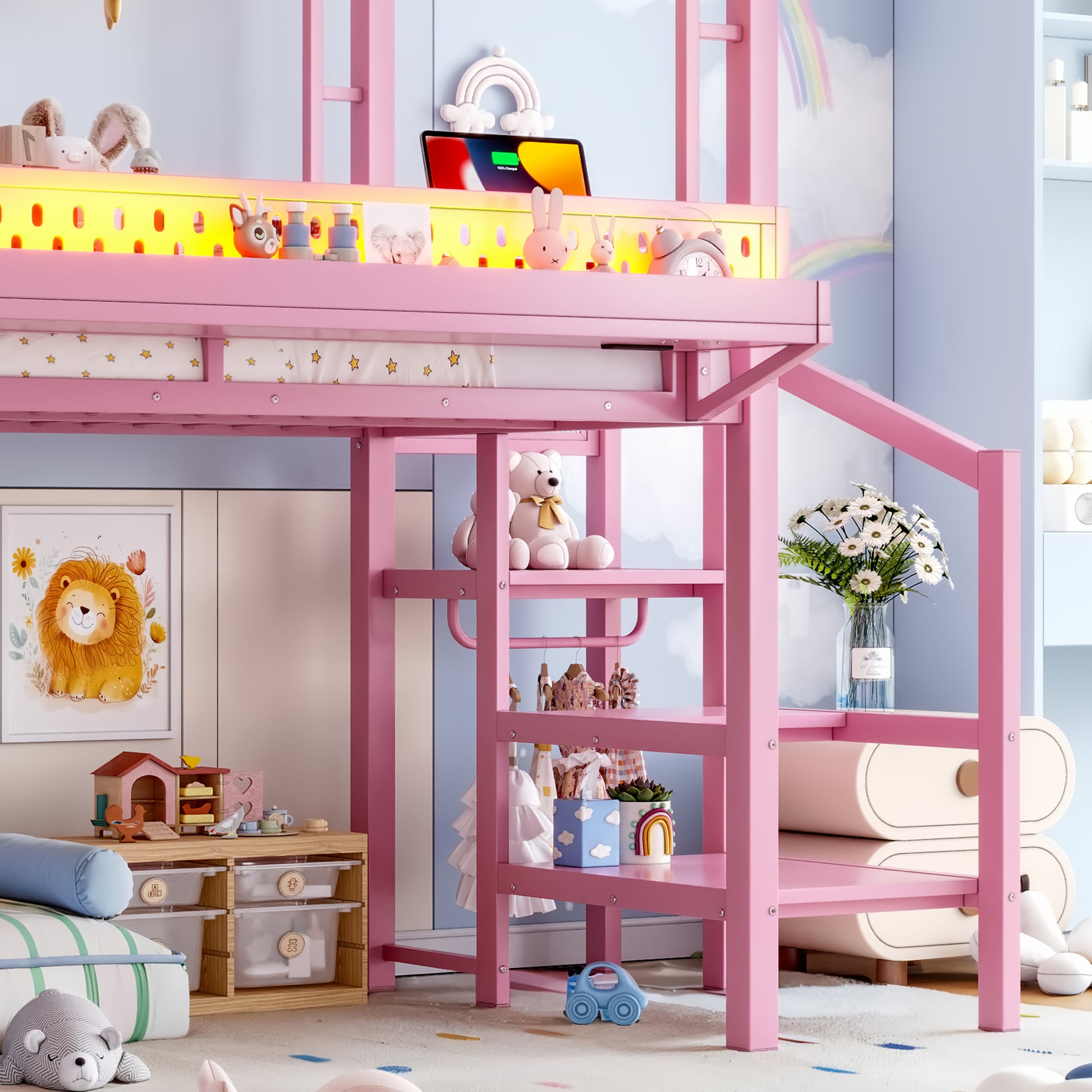 Twin Size Loft Bed with Storage Stairs, Shelves and Built-in Wardrobe, Metal Loft Bed Frame with USB Ports and LED Lights, Noise-reduced Design, Pink image 9