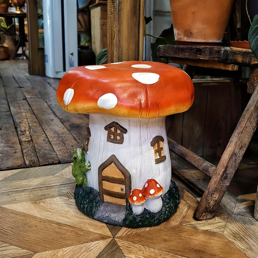 Mushroom house garden stool resin sculpture fairy forest base front view