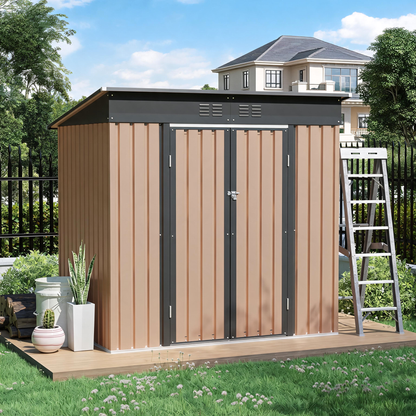 6x4 FT Metal Garden Shed with Hinge Door Pent Roof,Brown Storage Shed for Patio Backyard image 4