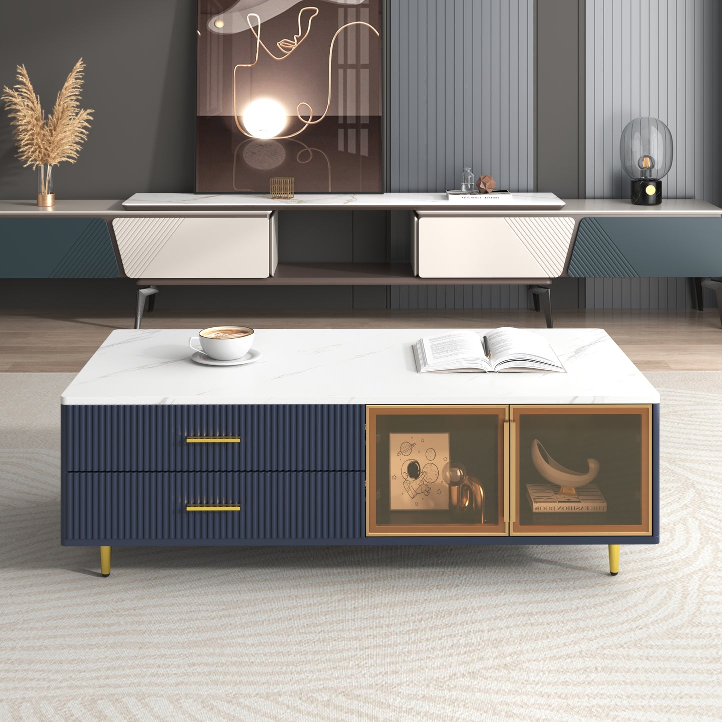 Modern Navy Blue Coffee Table with 2 Glass Door Storage, 4 Drawers, Gold Metal Legs, and Multi-Color Lighting in 47.2'' image 1