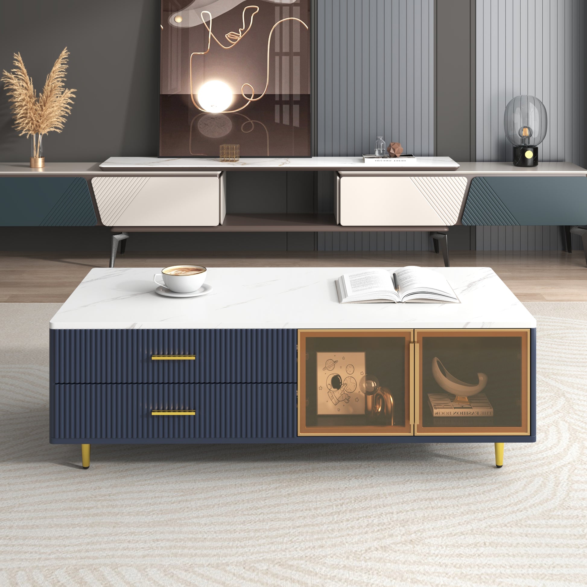 Modern Navy Blue Coffee Table with 2 Glass Door Storage, 4 Drawers, Gold Metal Legs, and Multi-Color Lighting in 47.2'' image 1