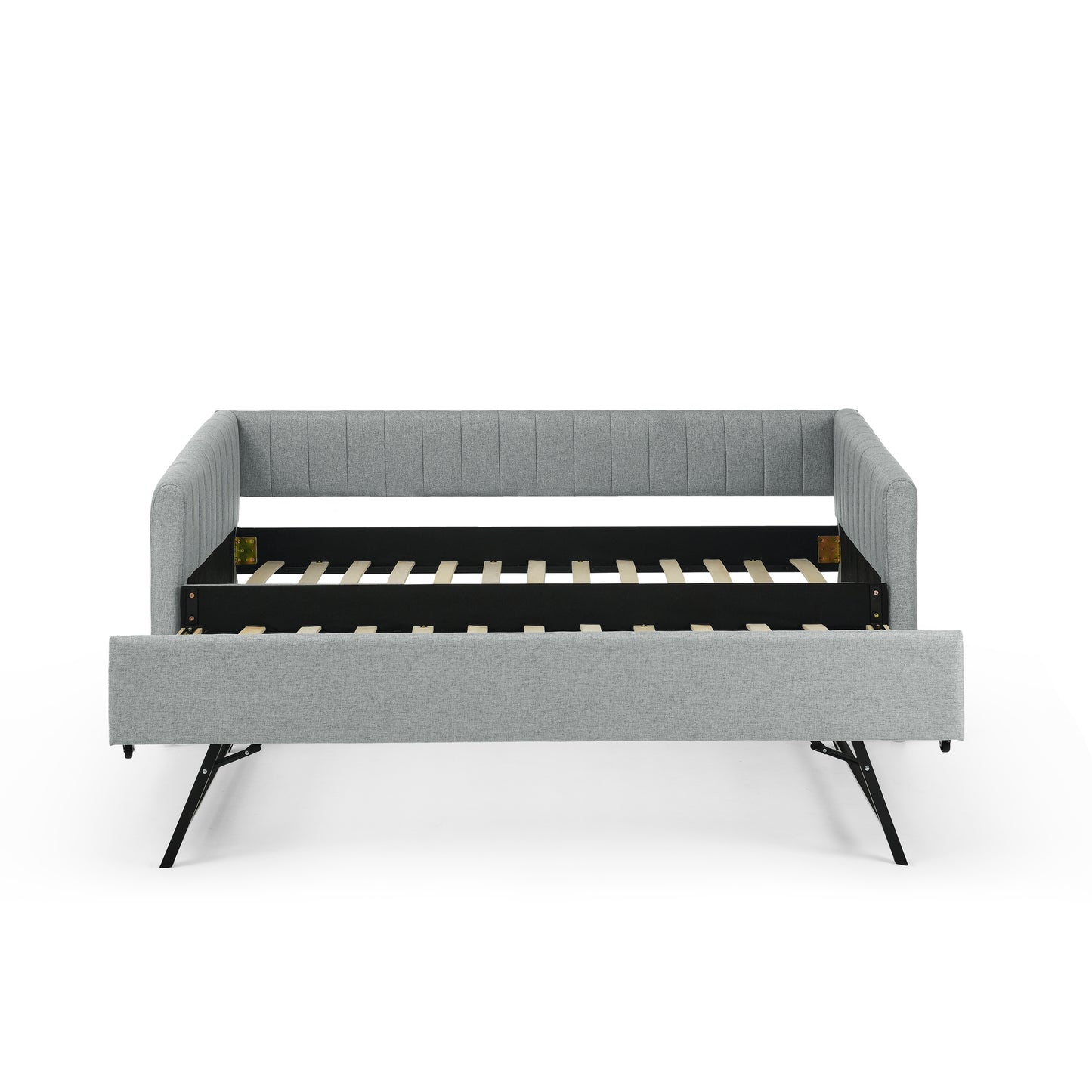 Twin Size Daybed with Trundle Upholstered Sofa Bed, with Vertical Stripes, Linen Fabric, Grey (82.5"x43"x30") image 5