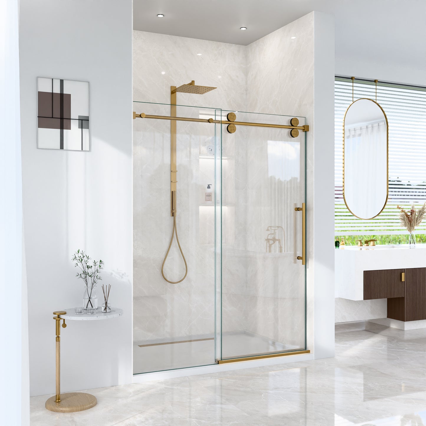 56"-60"W*72" H Frameless Single Sliding Shower Door – 5/16" (8mm) Clear Tempered Glass, Bypass Design with Brushed Gold Finish image 2