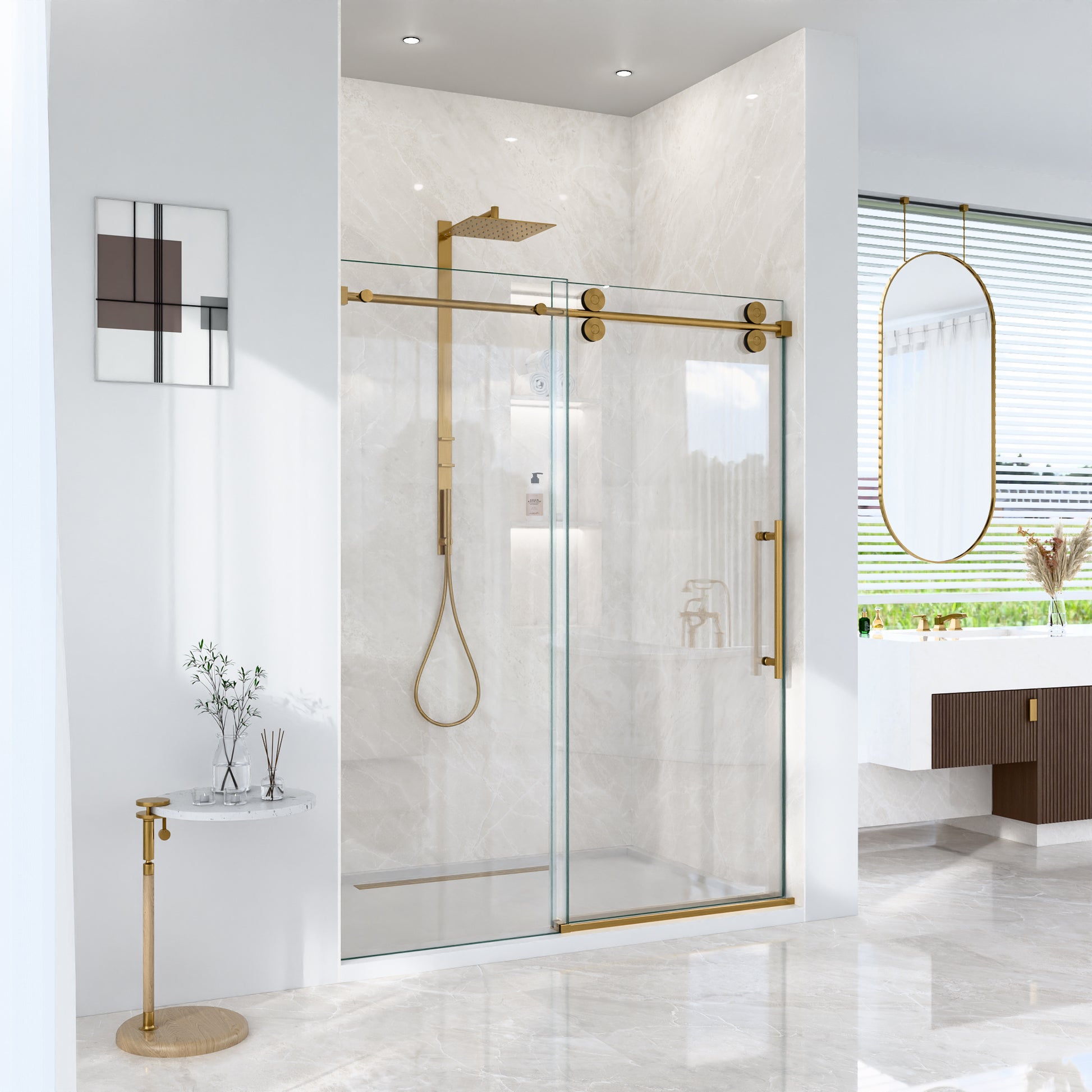 56"-60"W*72" H Frameless Single Sliding Shower Door – 5/16" (8mm) Clear Tempered Glass, Bypass Design with Brushed Gold Finish image 2