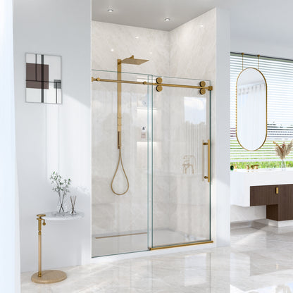 56"-60"W*72" H Frameless Single Sliding Shower Door – 5/16" (8mm) Clear Tempered Glass, Bypass Design with Brushed Gold Finish image 2