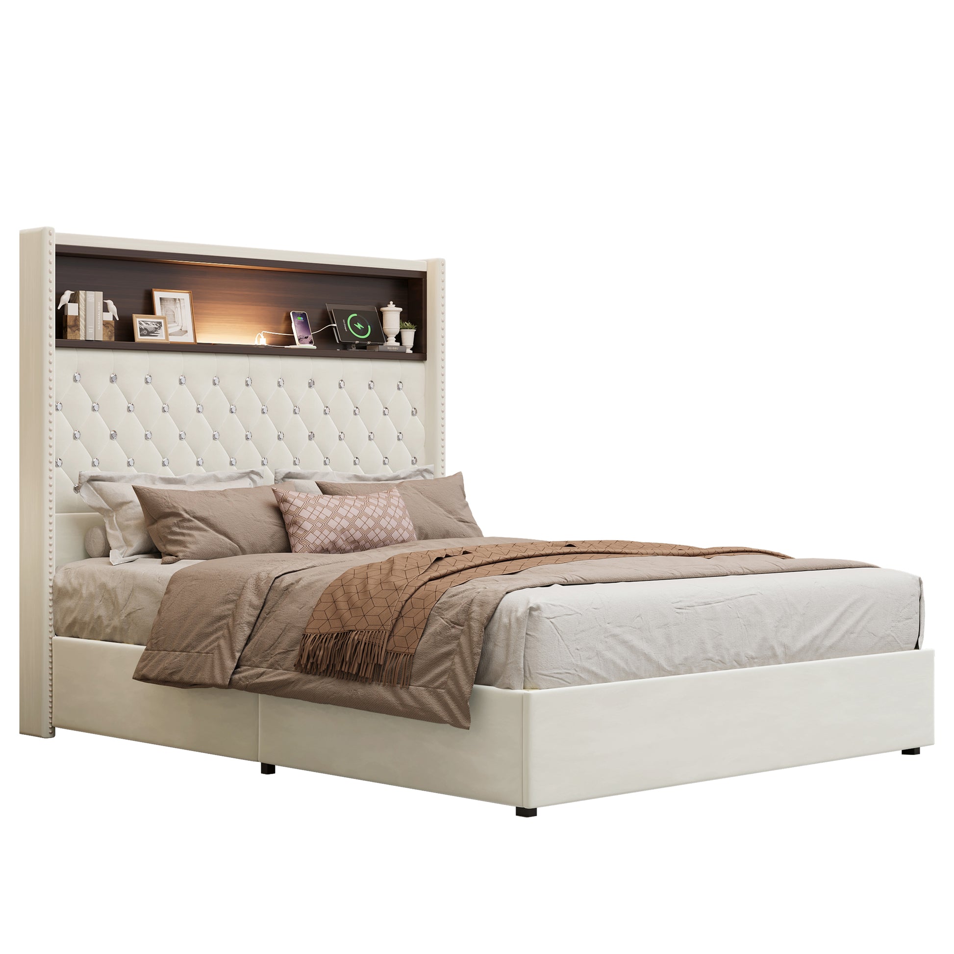 Full Size Velvet Tufted Soft Bed Frame with USB Port and Night Light,52''High Headboard with Rivet Decoration,Wing-back Platform Bed with Headboard Shelf,Beige image 10