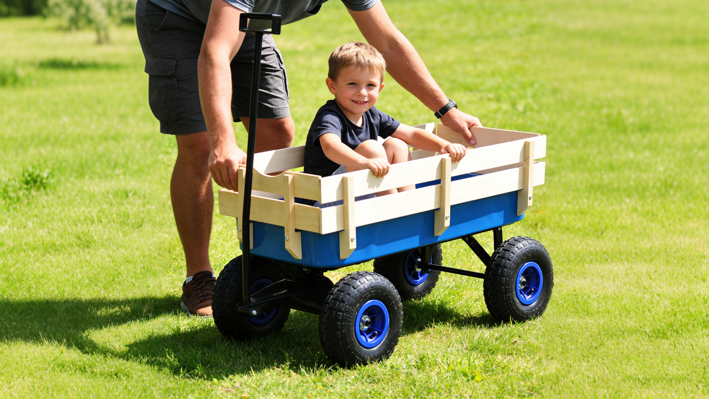 Outdoor Wagon All Terrain Pulling Wood Railing Air Tires Garden Cart image 3
