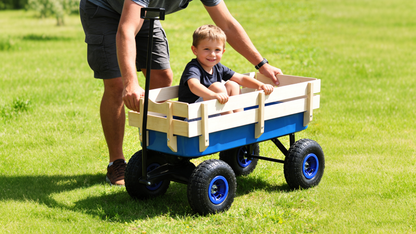 Outdoor Wagon All Terrain Pulling Wood Railing Air Tires Garden Cart image 3