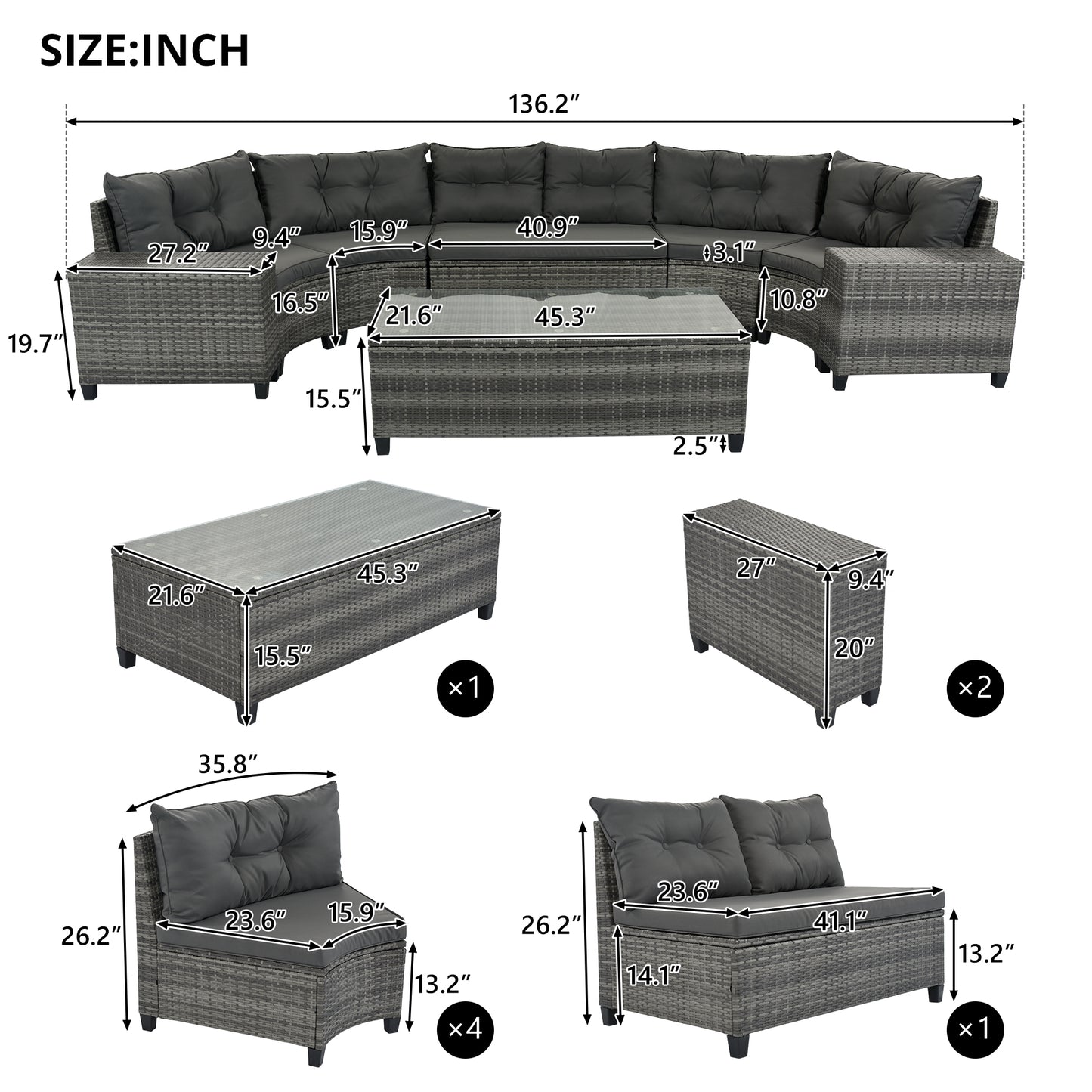 <Old SKU: FG201215AAE> 8-pieces Outdoor Wicker Round Sofa Set, Half-Moon Sectional Sets All Weather, Curved Sofa Set With Rectangular Coffee Table, PE Rattan, Movable Cushion, Gray image 7