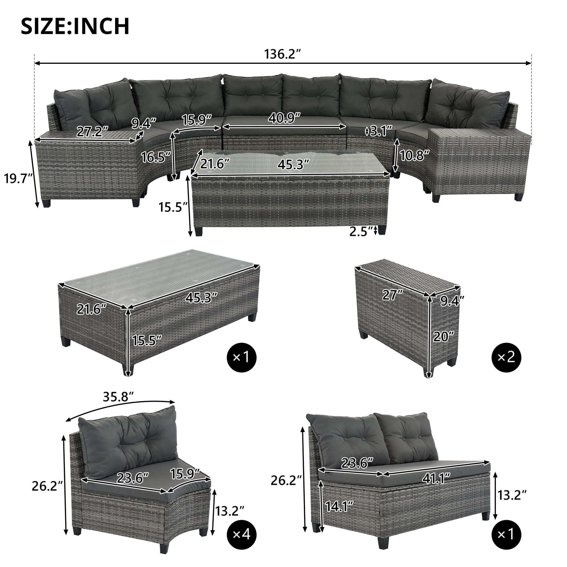<Old SKU: FG201215AAE> 8-pieces Outdoor Wicker Round Sofa Set, Half-Moon Sectional Sets All Weather, Curved Sofa Set With Rectangular Coffee Table, PE Rattan, Movable Cushion, Gray image 7