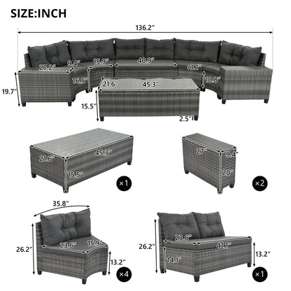 <Old SKU: FG201215AAE> 8-pieces Outdoor Wicker Round Sofa Set, Half-Moon Sectional Sets All Weather, Curved Sofa Set With Rectangular Coffee Table, PE Rattan, Movable Cushion, Gray image 7