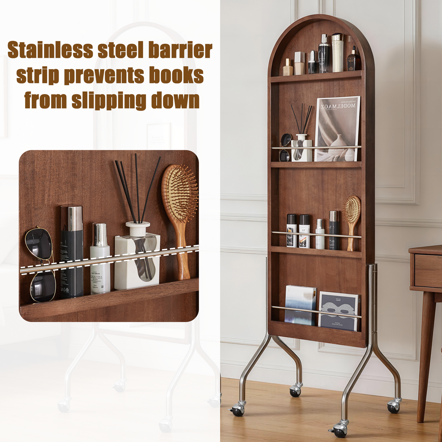 Arched Full Length Mirror with Storage Shelves & Wheels, Rubber Wood Frame Floor Mirror, Freestanding Rolling Mirror with Cart, 2-in-1 Dressing Mirror & Bookcase for Bedroom Living Room image 11