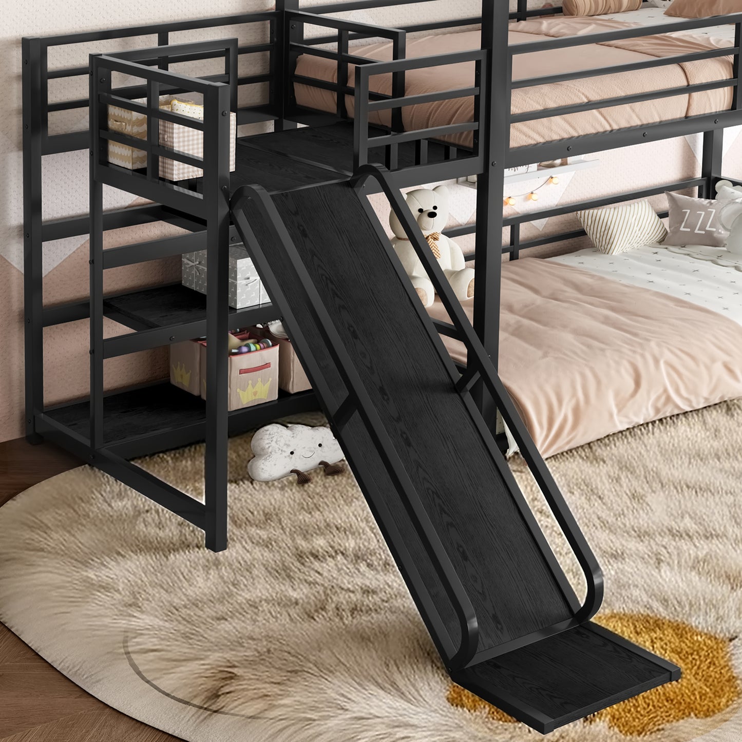 Twin metal House Bunk Bed with Storage Stairs, Slide, Safety Rails, Black image 4