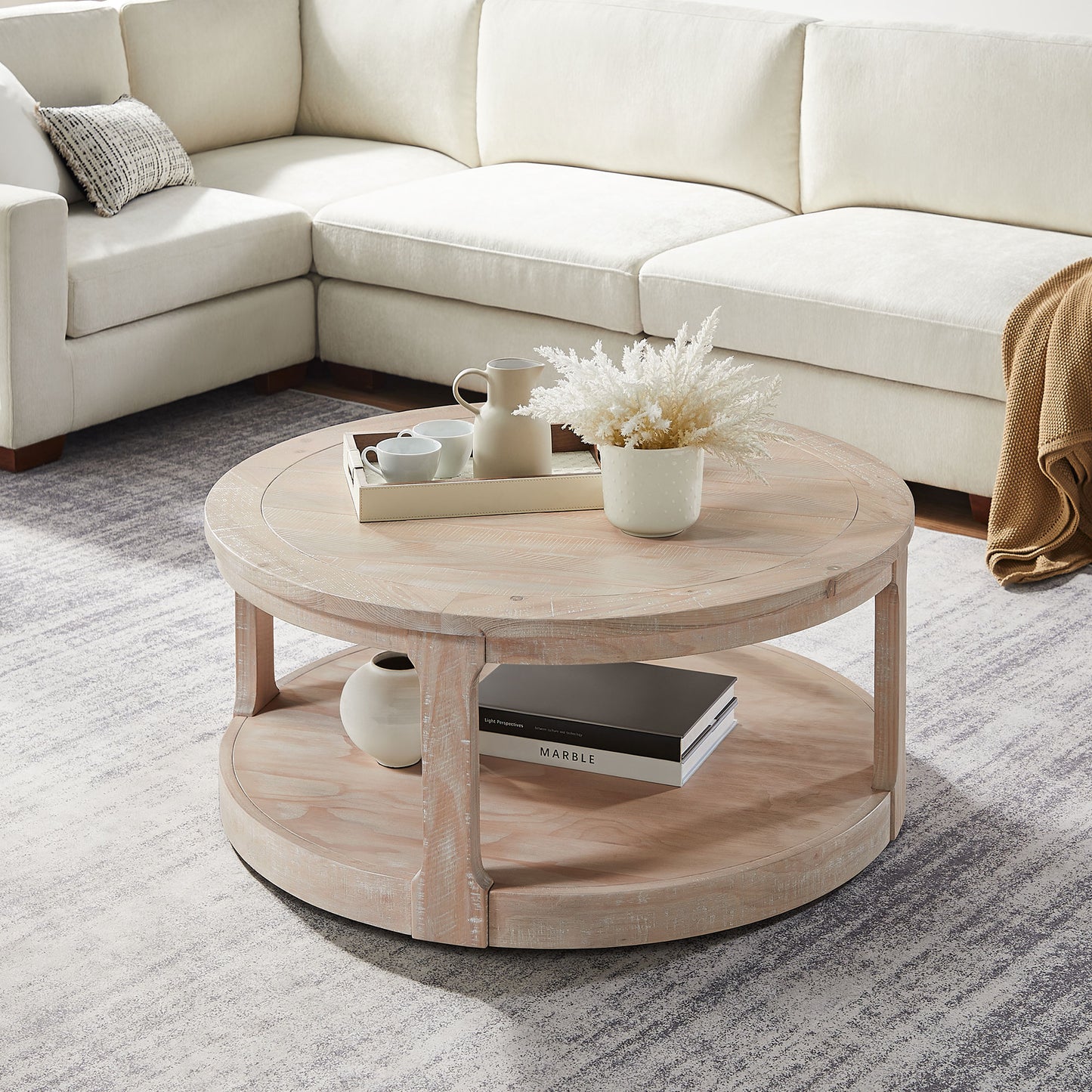 40inch Large Curved 2 Tier Traditional Round Circle Wooden Center Coffee Table,Rounded Table with Wheels,Mid Century Rustic Style Table for living Room,Office,Apartment,OAK image 5