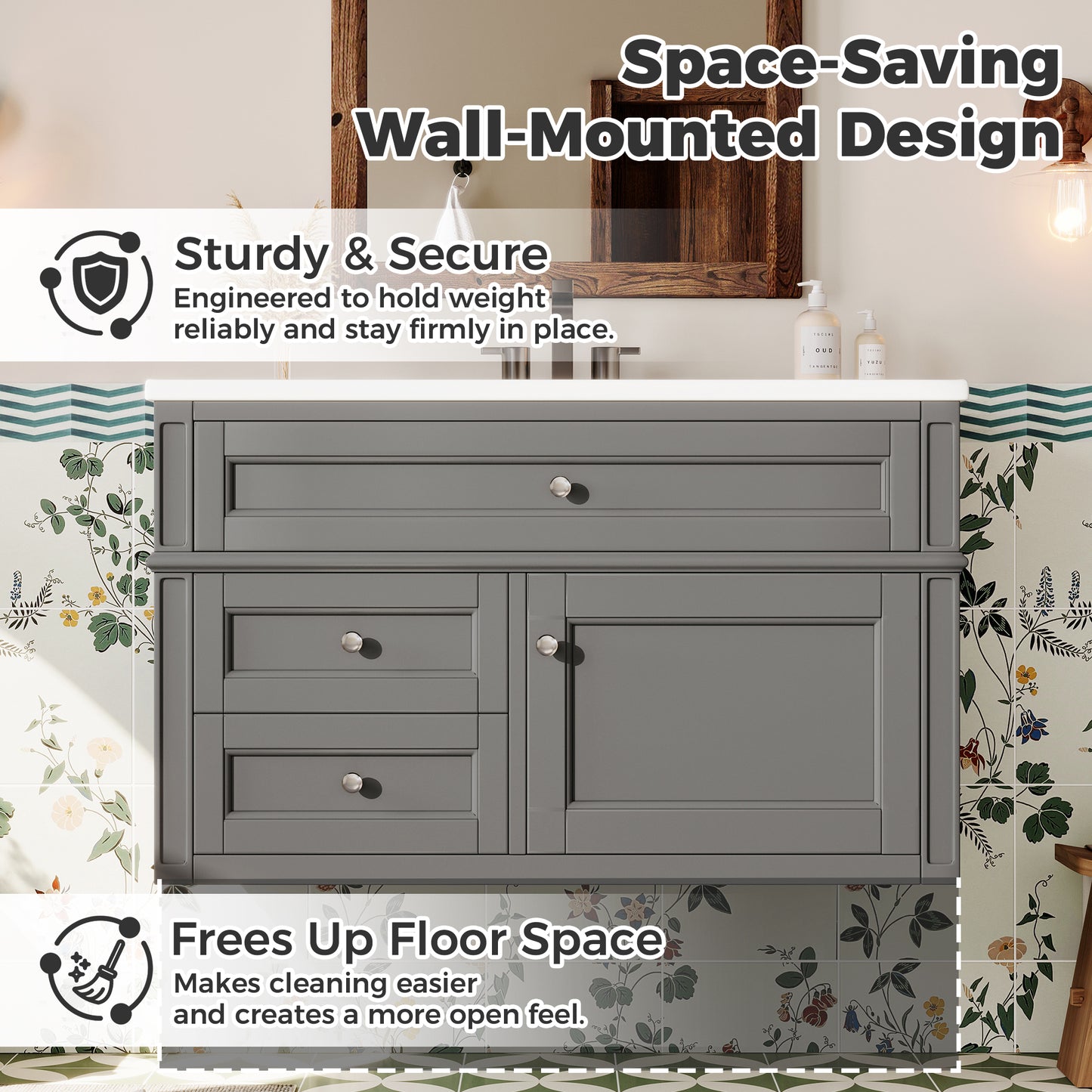 36'' Wall Mounted Bathroom Vanity, Floating Bathroom Storage Cabinet with 2 Drawers, 1 Tip-out Drawer, 3 Holes Single Ceramic Sink, Modern Cabinet. image 5