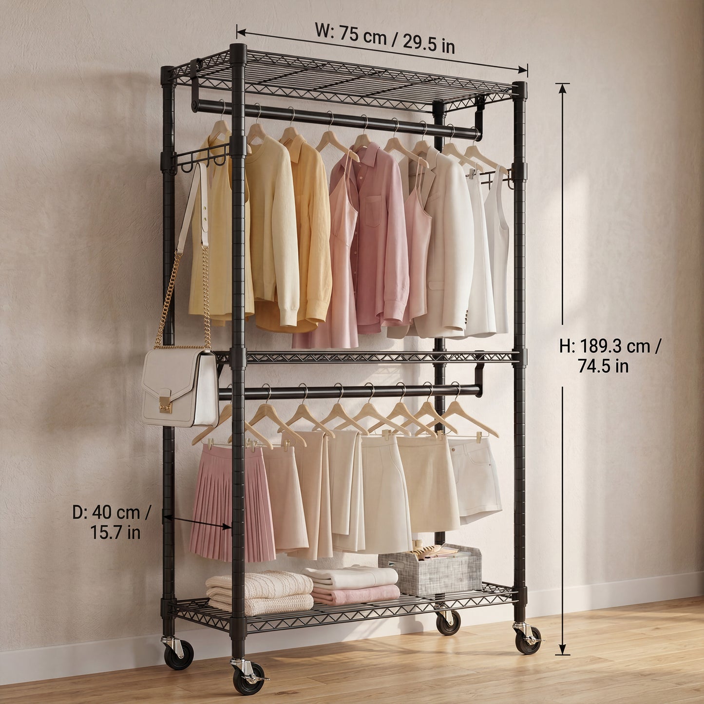 Heavy Duty Rolling Garment Rack 3 Tiers Adjustable Wire Shelving Clothes Rack with 2 Rods and Side Hooks,Storage Closet Clothing Rack with Wheels Black 15.7" D x 29.5" W x 74.5" H image 5