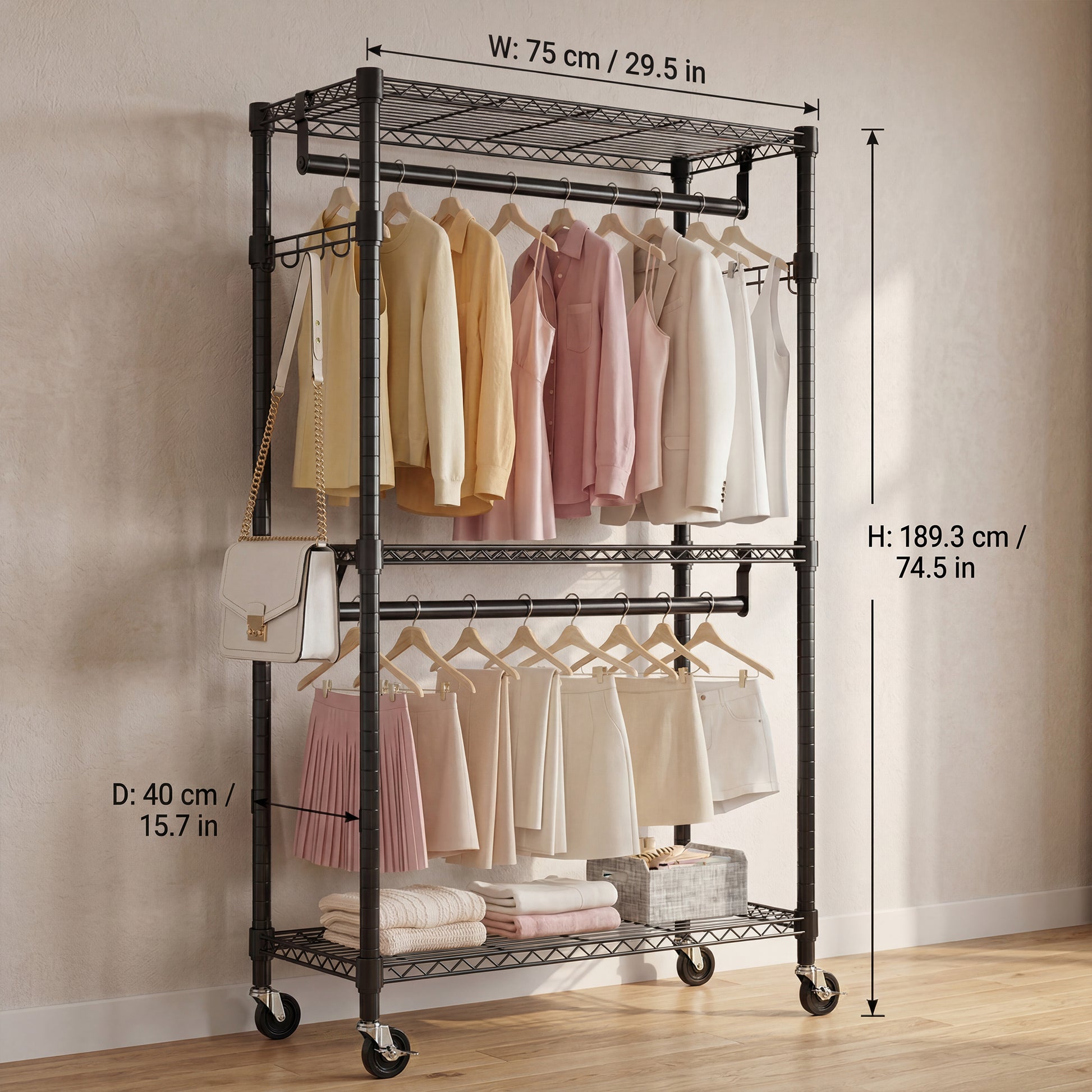 Heavy Duty Rolling Garment Rack 3 Tiers Adjustable Wire Shelving Clothes Rack with 2 Rods and Side Hooks,Storage Closet Clothing Rack with Wheels Black 15.7" D x 29.5" W x 74.5" H image 5