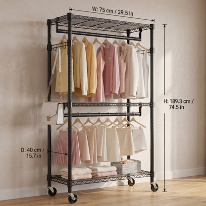 Heavy Duty Rolling Garment Rack 3 Tiers Adjustable Wire Shelving Clothes Rack with 2 Rods and Side Hooks,Storage Closet Clothing Rack with Wheels Black 15.7" D x 29.5" W x 74.5" H image 5
