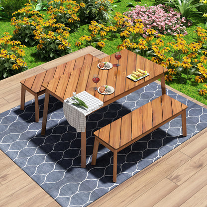 GO 3 Pieces Acacia Wood Table Bench Dining Set For Outdoor & Indoor Furniture With 2 Benches, Picnic Beer Table for Patio, Porch, Garden, Poolside, Natural image 1