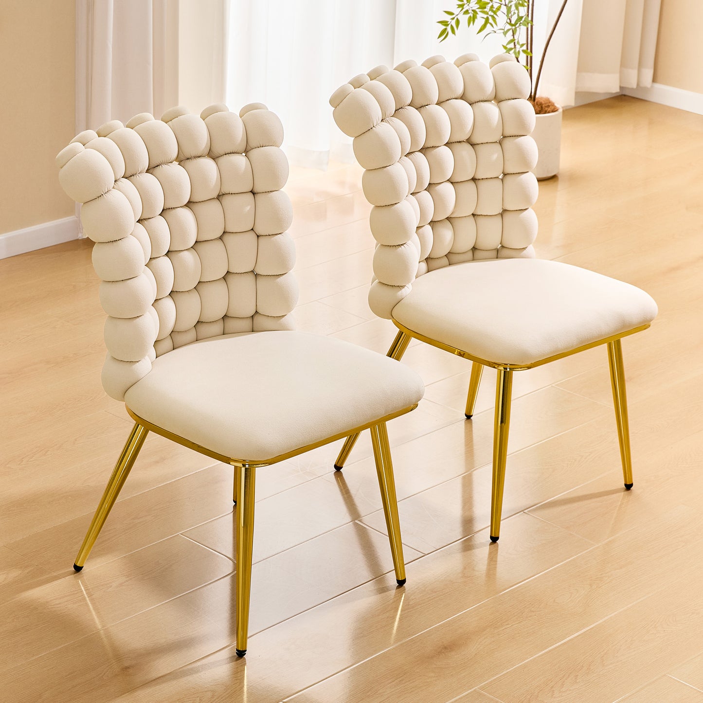 Set of 2 Luxury Cream Bubble Tufted Swivel Chair, Premium Velvet Upholstered Accent Chair with Gold Metal Frame, Ergonomic Space-Saving Desk Chair for Modern Interiors image 3