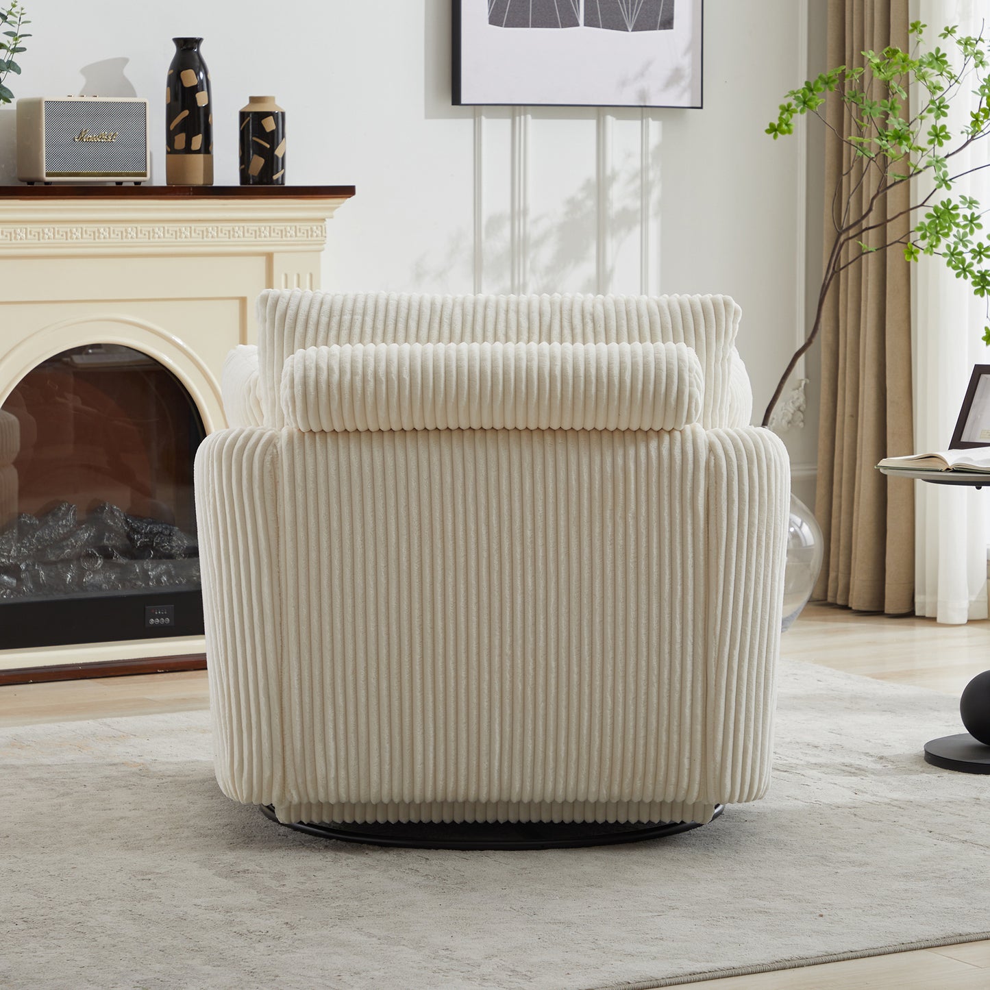 40.55''W Swivel Accent Chair With 2 Thorw Pillows 360 Degree Swivel Round Sofa Modern Oversized Arm Chair Cozy Club Chair for Bedroom Living Room Lounge Hotel, Ivory Corduroy image 2