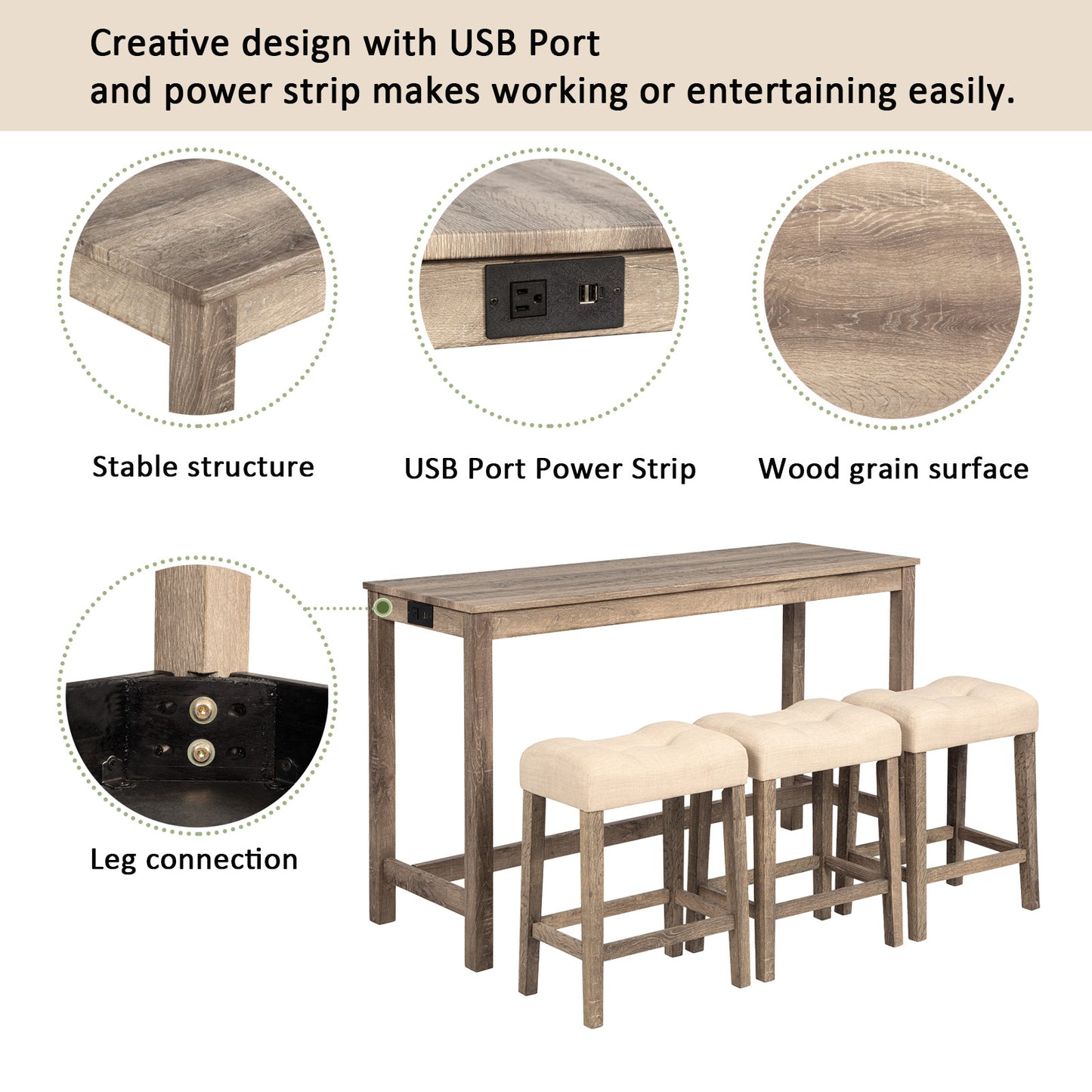 4-Piece Bar Table Set with Power Outlet, Dining Bar Table and Chairs Set,Bar Table Set with 3 Padded Stools for Living Room, Dining Room, Game Room, Brown image 5