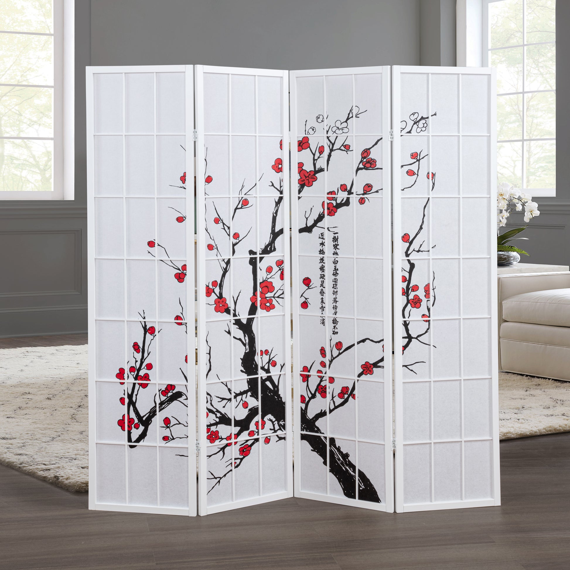 Elandra 4-Panel Room Divider, Light-Filtering Non-Woven Fabric Panels, Plum Blossom Print, Foldable Freestanding Privacy Screen, White image 1