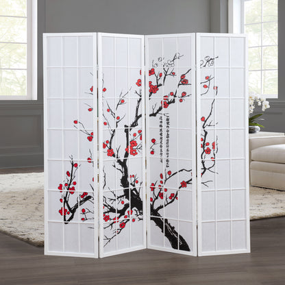 Elandra 4-Panel Room Divider, Light-Filtering Non-Woven Fabric Panels, Plum Blossom Print, Foldable Freestanding Privacy Screen, White image 1