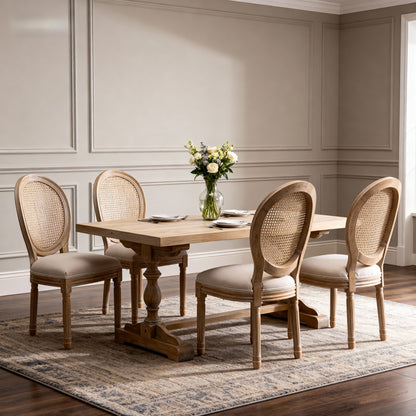 French Style Solid Wood Frame Linen Fabric Rattan Back Dining Chair,Set of 2, Beige image 2