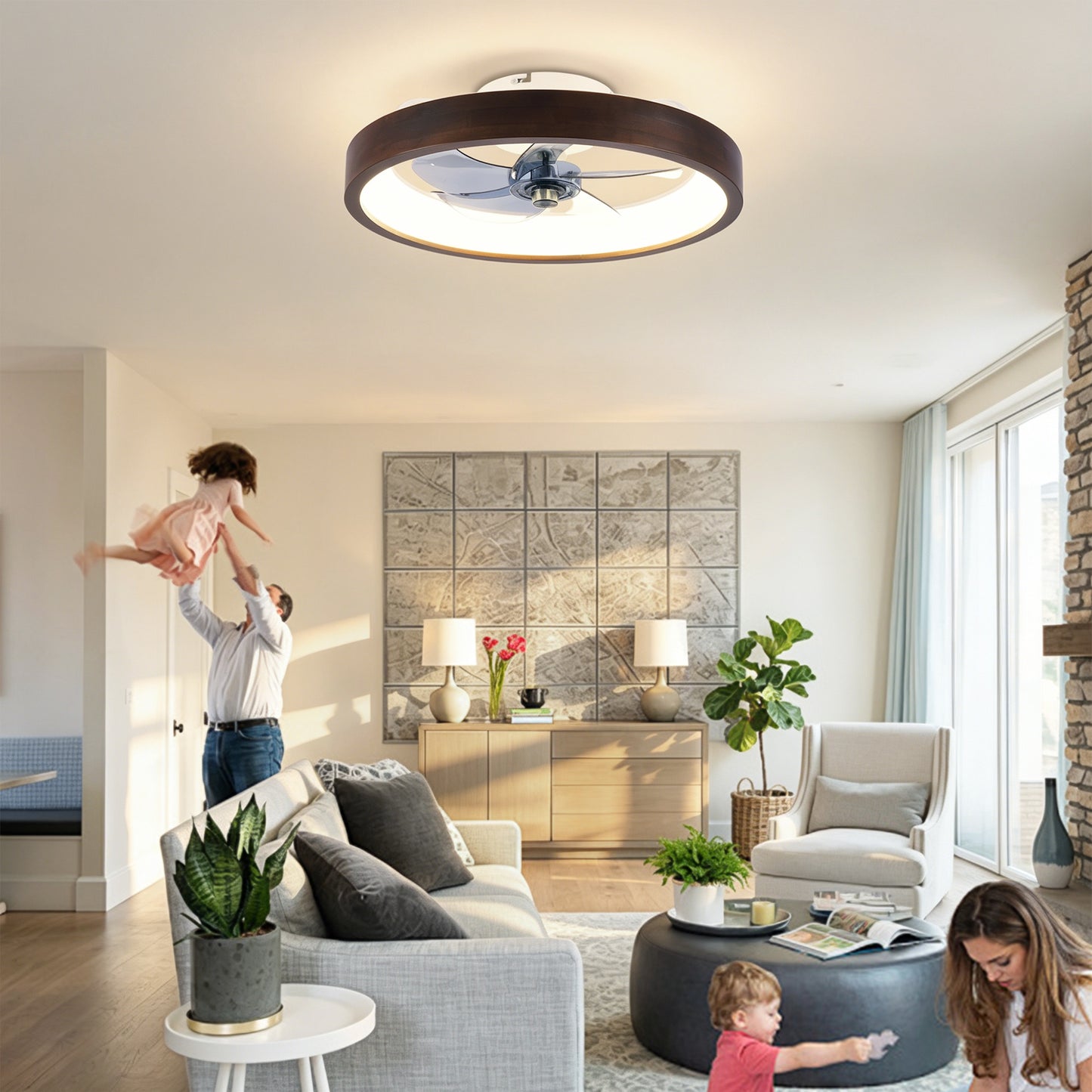 20" Modern Flush Mount Ceiling Fans with Lights Kit (LED), 3000-6500K Dimmable LED Fan Light, 6 Speeds, Quiet DC Motor For Living room, Bedroom,Kitchen----Wood+White image 6