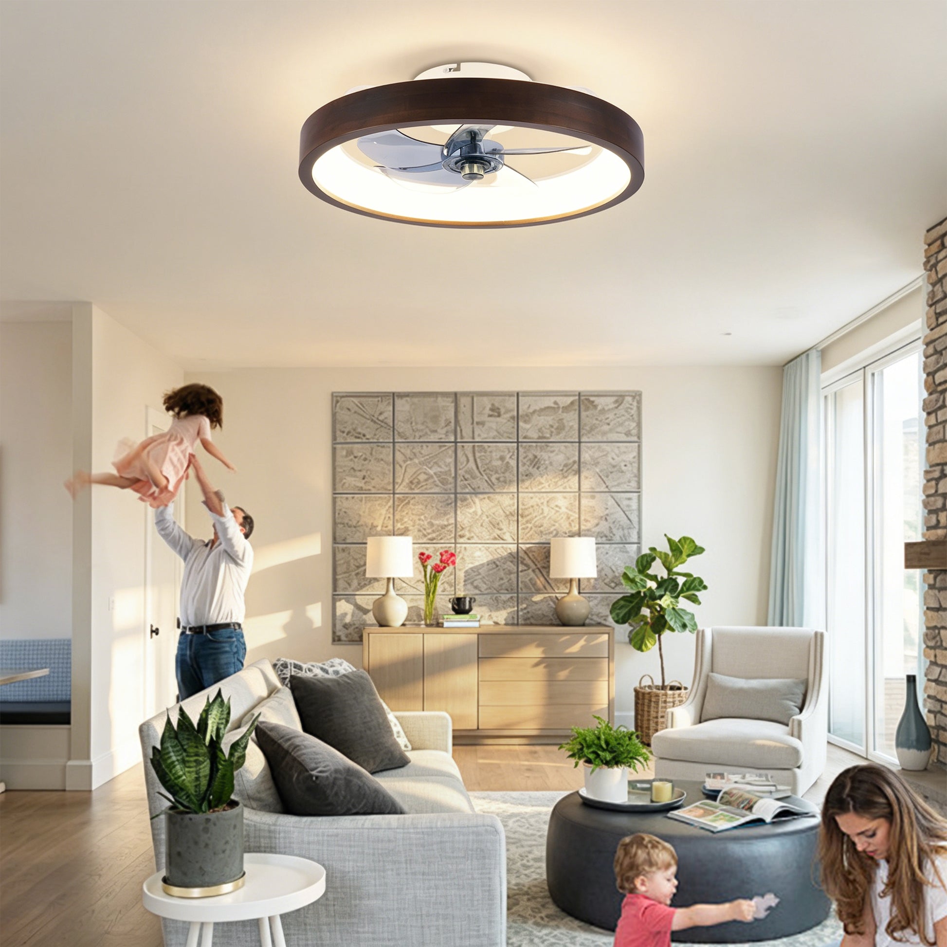 20" Modern Flush Mount Ceiling Fans with Lights Kit (LED), 3000-6500K Dimmable LED Fan Light, 6 Speeds, Quiet DC Motor For Living room, Bedroom,Kitchen----Wood+White image 6