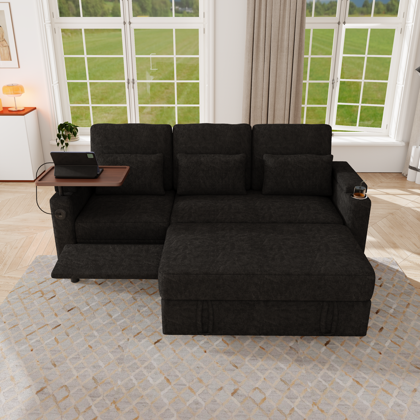 83-inch 3-in-1 foldable three-person sofa bed with a table board and USB ports, armrests with storage function. High-quality chenille three-person sofa. The sofa bed features adjustable backrest and p image 4