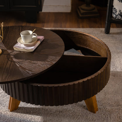 31.5" Retro Round Coffee Table with Storage Space, Suitable for Living Room and Office, Brown image 4
