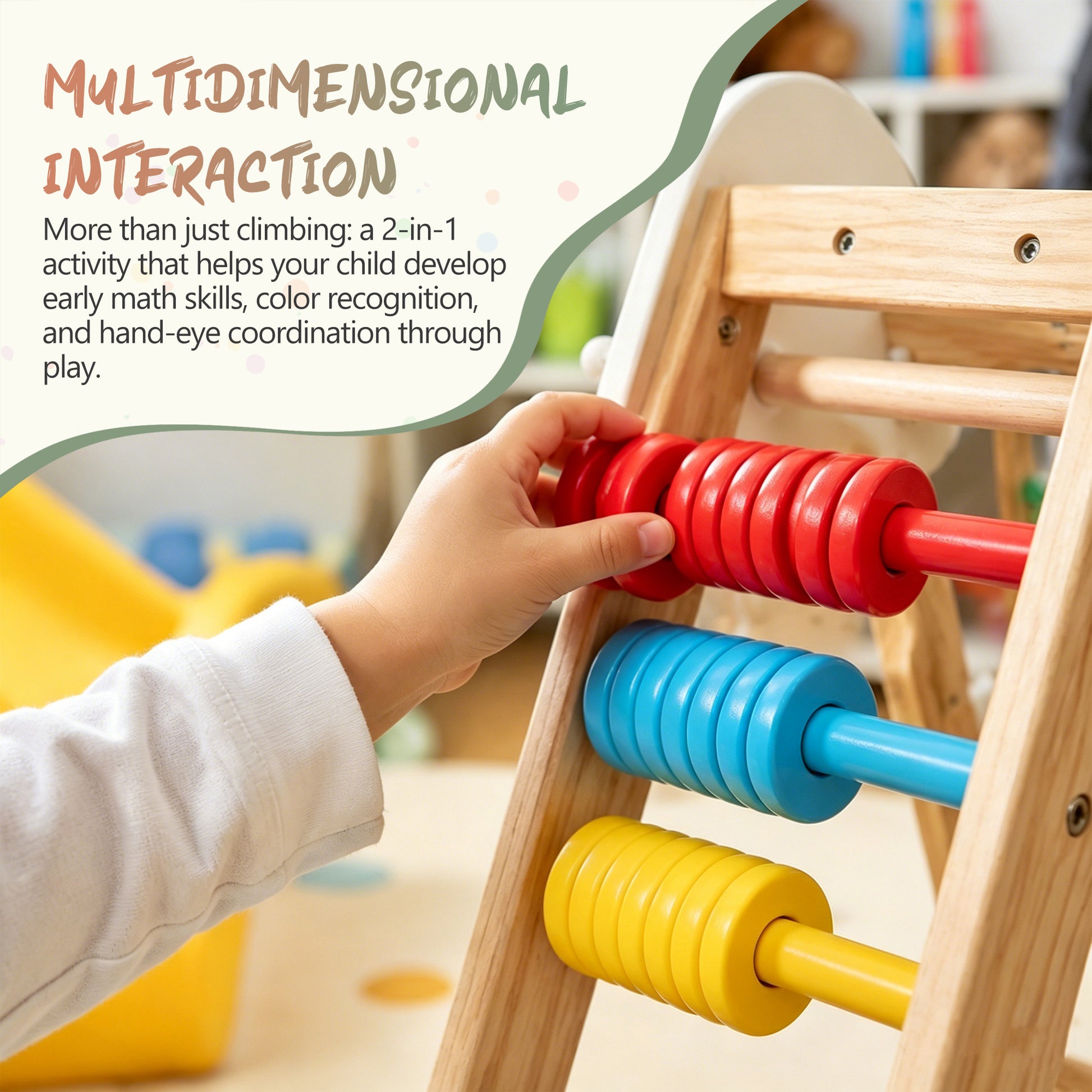 9-in-1 Foldable Kids Climbing Frame & Slide, Wooden Toddler Playground with Swing, Monkey Bars, Climbing Rock, Abacus Game – Indoor Outdoor Playset for Ages 3+, Natural Wood, 176LBS Capacity image 8