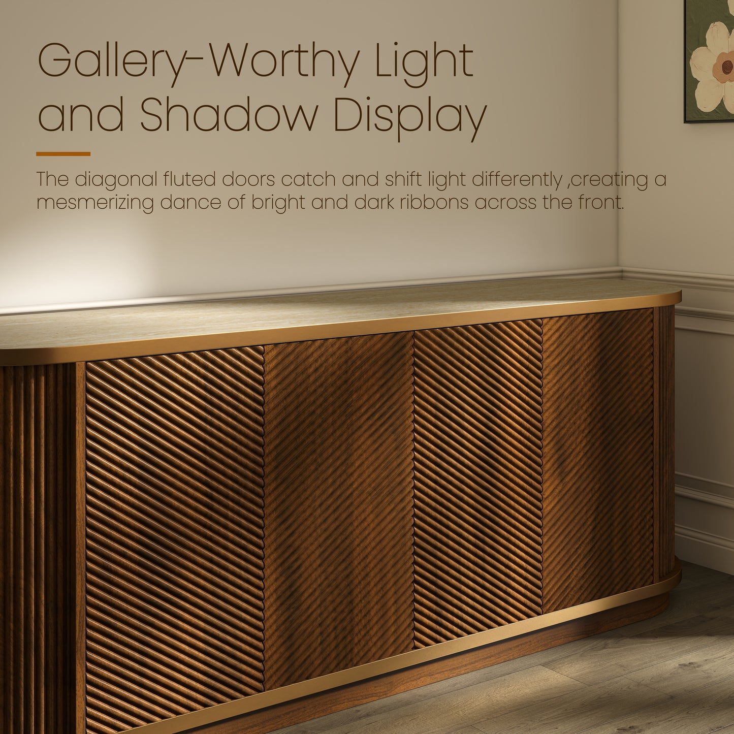 63" Diagonal Fluted Sideboard Cabinet with Storage, 4-Door Walnut Buffet Credenza TV Stand with Gold Trim, Cream Faux Marble-Top Console Table, Modern Cabinet for Dining Room, Living Room, Walnut image 7