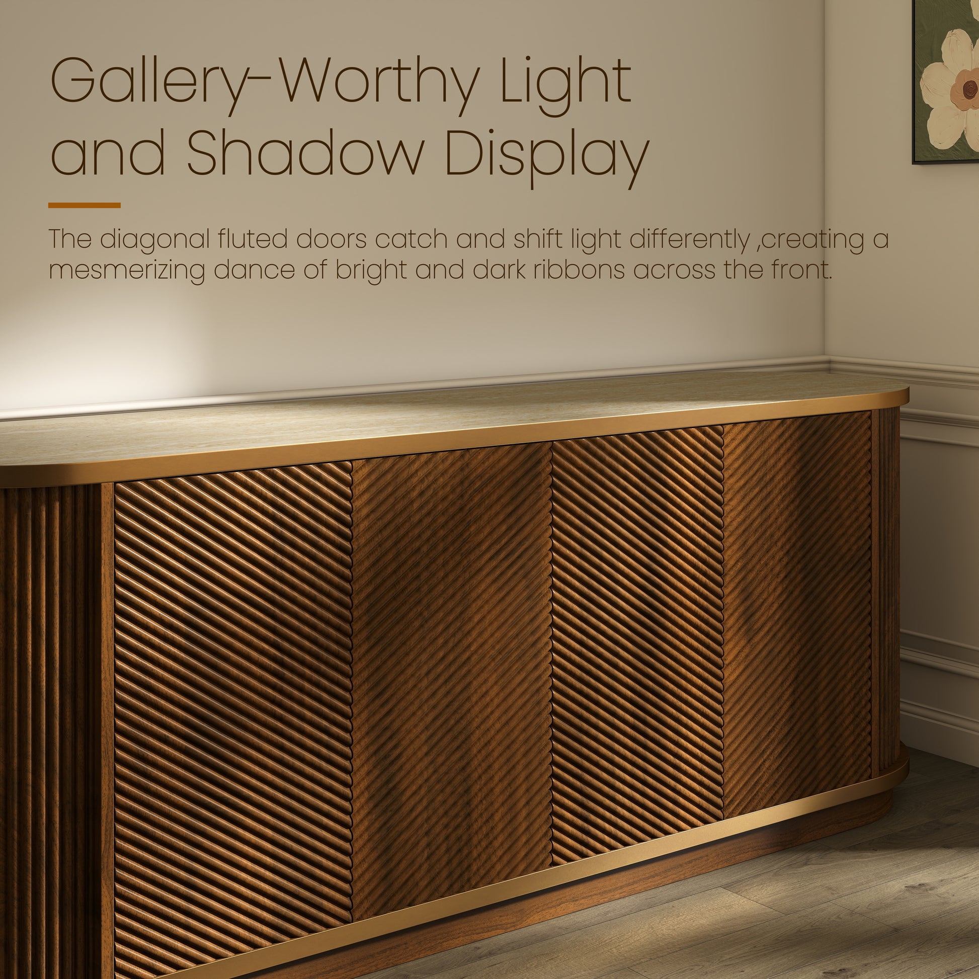 63" Diagonal Fluted Sideboard Cabinet with Storage, 4-Door Walnut Buffet Credenza TV Stand with Gold Trim, Cream Faux Marble-Top Console Table, Modern Cabinet for Dining Room, Living Room, Walnut image 7