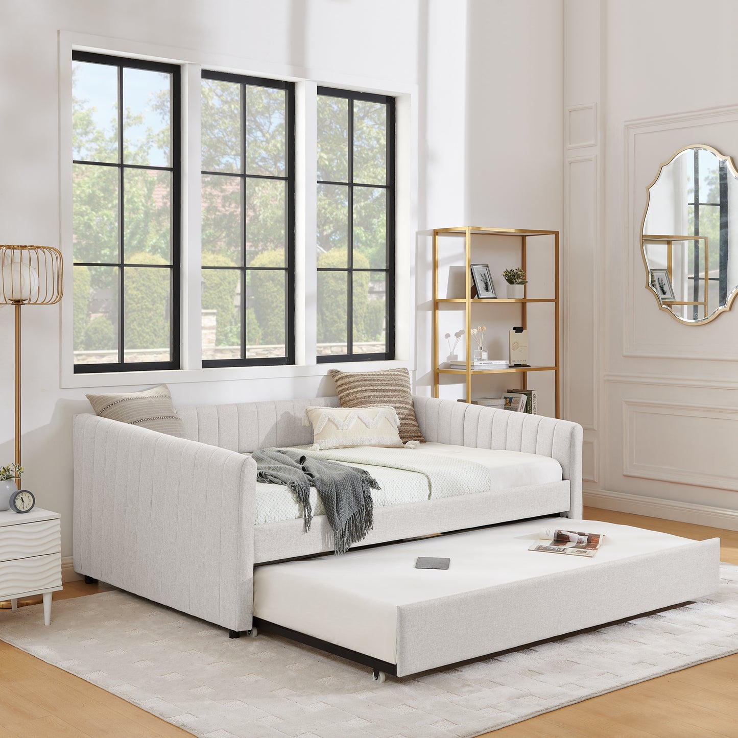 Full Size Daybed with Trundle Upholstered Sofa Bed, with Vertical Stripes, Linen Fabric, Beige (82.5"x58"x30") image 4