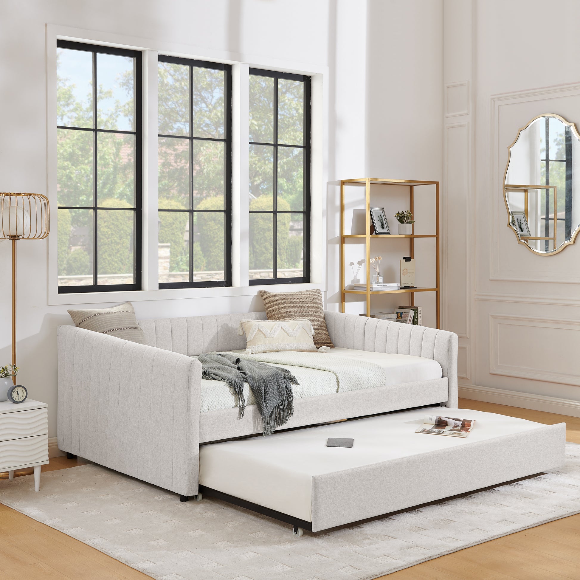 Full Size Daybed with Trundle Upholstered Sofa Bed, with Vertical Stripes, Linen Fabric, Beige (82.5"x58"x30") image 4