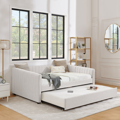 Full Size Daybed with Trundle Upholstered Sofa Bed, with Vertical Stripes, Linen Fabric, Beige (82.5"x58"x30") image 4