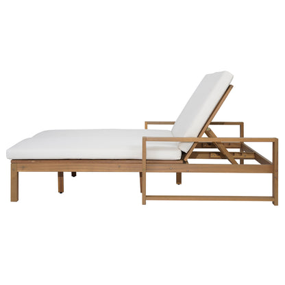 TREXM Outdoor Double Lounge Chair with 5-Position Adjustable Backrest for Each Seat, Wood Patio Chaise Lounge with Removable Cushions for Patio, Poolside, Garden (Light Teak+Beige cushion) image 5
