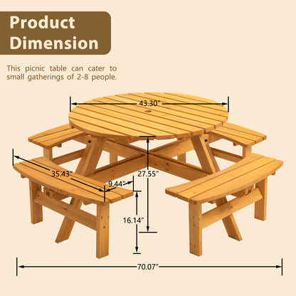 8 Person Wooden Picnic Table, Outdoor Camping Dining Table with Seat, Garden, DIY w/ 4 Built-in Benches, 2220lb Capacity - Natural image 2