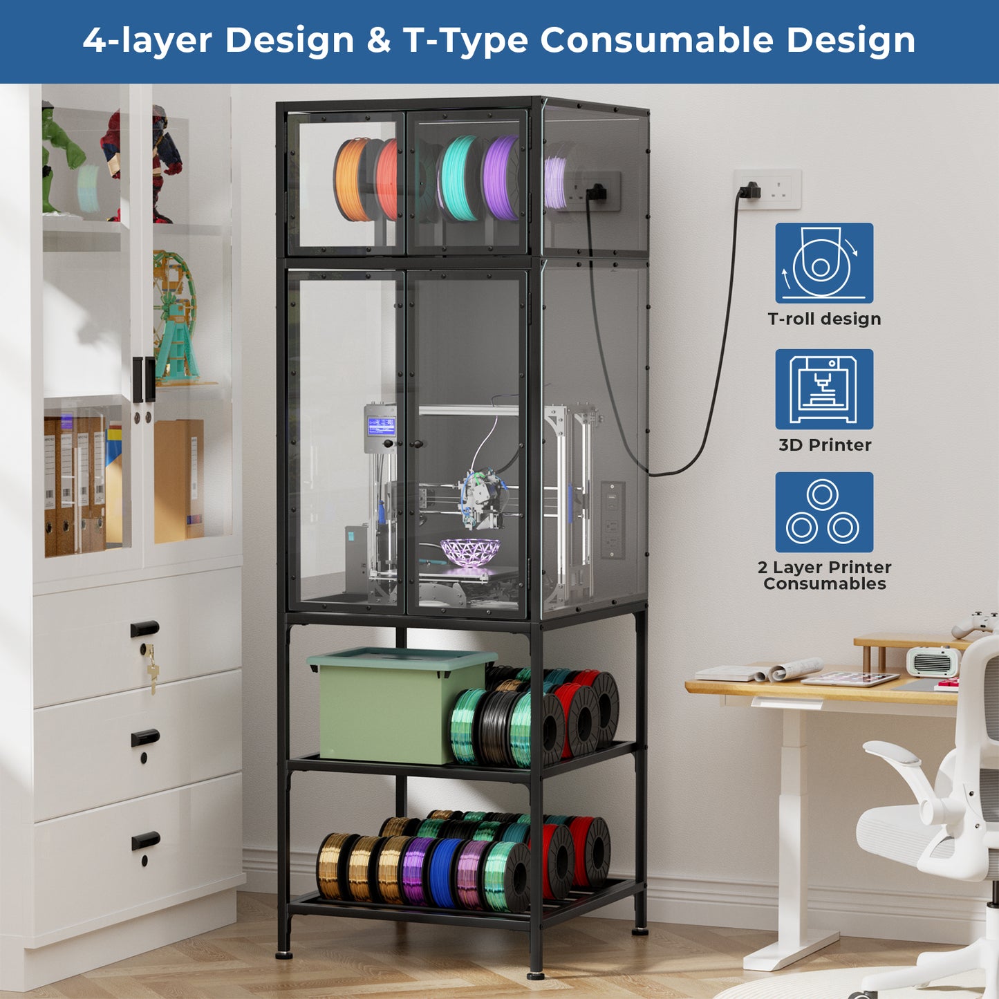 3D Printer Cabinet with Double Layer 3D Printer Filament Storage Rack, T-Shaped Filament Bar & Noise-Reducing, Dust-Proof Design, Suitable for Studio, Office Storage and Organization image 6